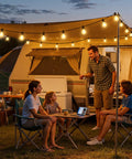 Family enjoying evening under 25 Foot G40 LED Outdoor String Lights With 11 Bulbs Plug In Waterproof Patio String Lights For Backyard Parties Dimmable Shatterproof Safe Design Black Finish Porch Balcony Decor near camper