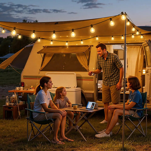 Family enjoying evening under 25 Foot G40 LED Outdoor String Lights With 11 Bulbs Plug In Waterproof Patio String Lights For Backyard Parties Dimmable Shatterproof Safe Design Black Finish Porch Balcony Decor near camper