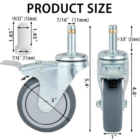 Super Smooth 3 Inch Swivel Caster Wheels Set Of 4 With 7/16 Inch Stem Heavy Duty Locking Casters detailed size chart.