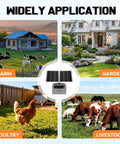 Adjustable Output Solar Fence Charger for farms, gardens, poultry, and livestock with solar panel and battery system