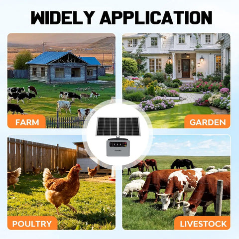 Adjustable Output Solar Fence Charger for farms, gardens, poultry, and livestock with solar panel and battery system