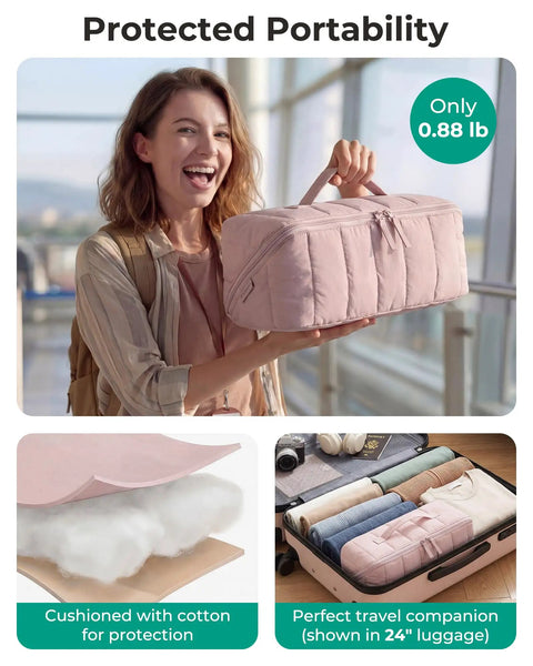 Woman holding Hair Tool Organizer Travel Case For Dyson Airwrap And Shark FlexStyle, heat-resistant mat, wide opening, pink design.