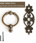 Antique Bronze Ring Pull Handles Set Of 8 With Ornate Backplates For Furniture Restoration, vintage single hole drawer pull with screws