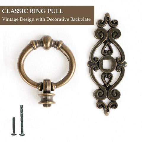 Antique Bronze Ring Pull Handles Set Of 8 With Ornate Backplates For Furniture Restoration, vintage single hole drawer pull with screws