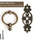 Antique Brass Ring Pulls Set Of 8 For Cabinets And Drawers With European Backplate and screws