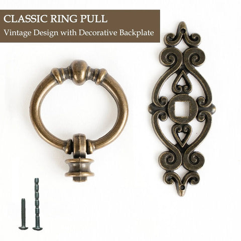 Antique Brass Ring Pulls Set Of 8 For Cabinets And Drawers With European Backplate and screws