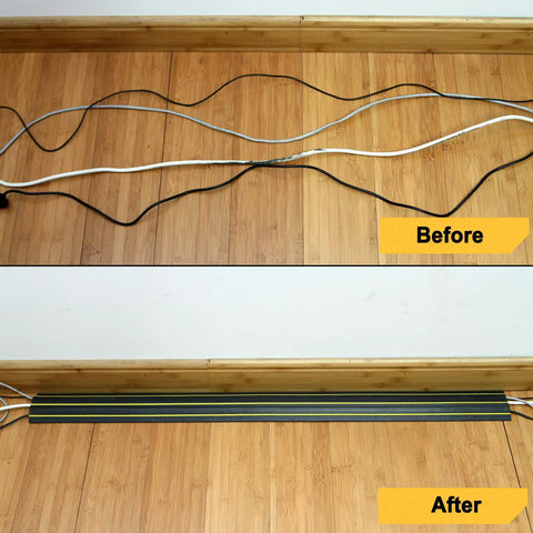 Before and after using 10ft Floor Cord Cover For Home Or Office With 3 Cord Channels Quick Install Cable Protector And Wire Organizer.