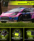 Brushless One Tenth Scale Carbon Fiber RC Drift Car For Adults With Gyro in purple on grass, showcasing specs including 60A ESC and gyroscope.