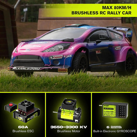 Brushless One Tenth Scale Carbon Fiber RC Drift Car For Adults With Gyro in purple on grass, showcasing specs including 60A ESC and gyroscope.