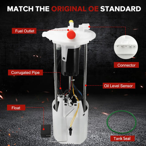 E8788M Heavy Duty Electric Fuel Pump Module Assembly showing fuel outlet, connector, float, and oil level sensor features.