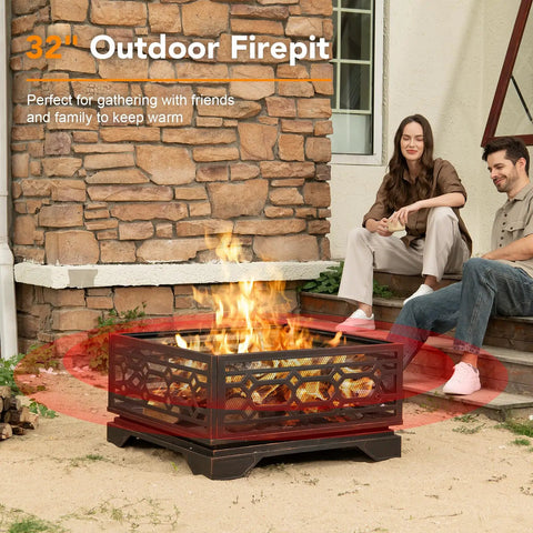 32 Inch Outdoor Wood Burning Fire Pit with Mesh Cover and Fire Poker Large Square Metal Fireplace for Patio