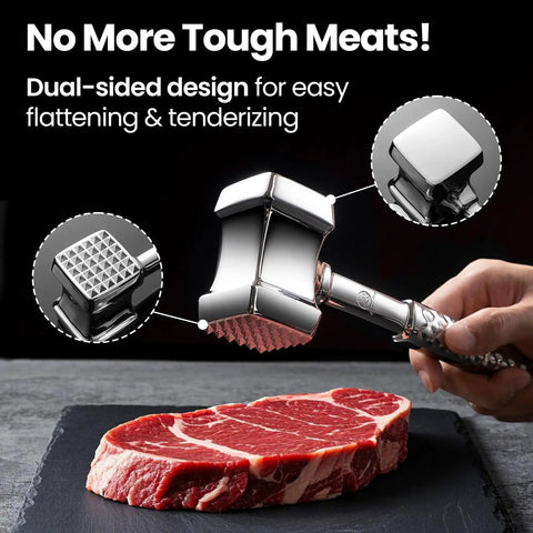 Dual-Sided Meat Tenderizer Tool With Flat Pounder And Textured Surface next to raw steak on black slate.