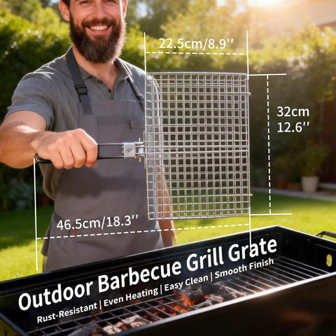 Man holding square BBQ fish basket for grilling great for camping stainless steel rust resistant easy to clean stable design