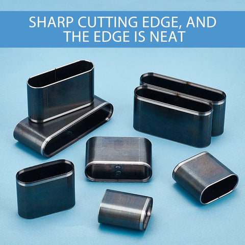Leather Die Punch Cutter Set In Steel With Hollow Punch Tools, 8 Piece Assorted Sizes, Stainless Steel Crafting Gear on Blue Background