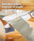 PowerArc 8 Inch Heavy Duty Shop Shears With Serrated Stainless Steel Blades cutting aluminum tape close-up.
