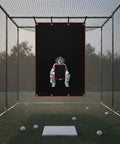 Ballpark Ready Heavy Duty Baseball Pitching Screen With Strike Zone Backdrop And Batter Silhouette For Batting Cage Drills, black PVC backdrop in batting cage.