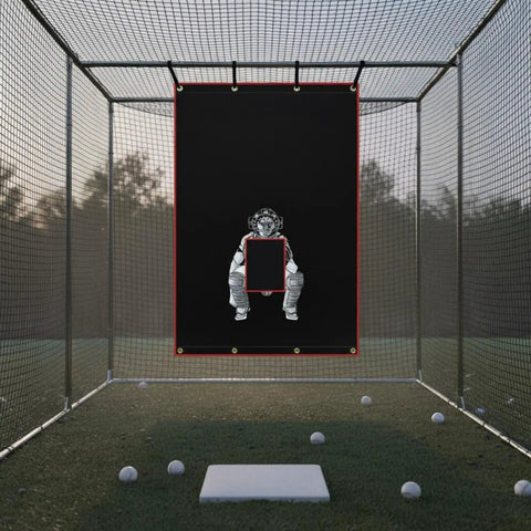 Ballpark Ready Heavy Duty Baseball Pitching Screen With Strike Zone Backdrop And Batter Silhouette For Batting Cage Drills, black PVC backdrop in batting cage.