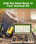 Year Round Heirloom Seed Kit With 32 Varieties And 30,000 Plus Non GMO Seeds open in wooden box next to camping gear outdoors