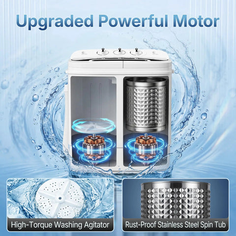 No Sweat Compact 13 Pound Twin Tub Washing Machine Portable Washer And Spin Cycle Combo displaying washing agitator and stainless steel spin tub.