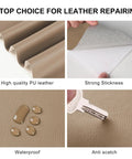 Collage of leather repair patch features: PU leather material, adhesive back, waterproof, anti-scratch; beige color, ideal for furniture repair.