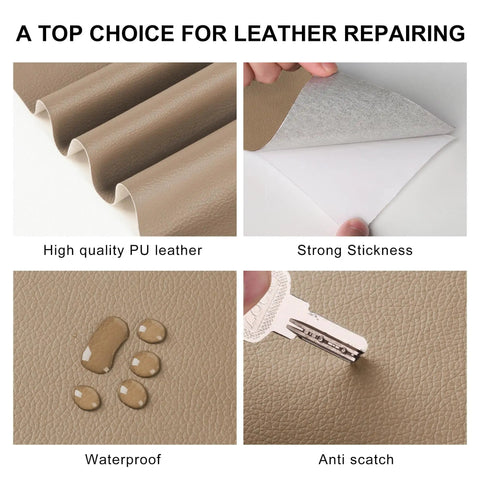 Collage of leather repair patch features: PU leather material, adhesive back, waterproof, anti-scratch; beige color, ideal for furniture repair.