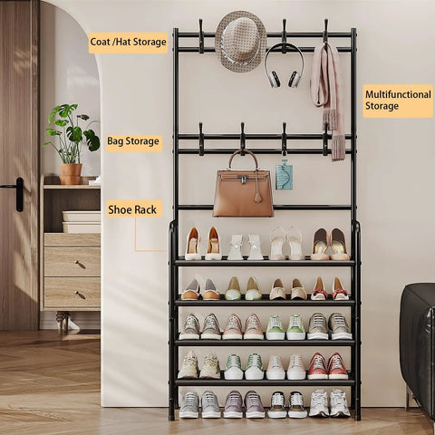 Freestanding Coat Rack And Shoe Organizer With Storage Shelf 4 Tier And 8 Hooks Black Steel For Entryway Bedroom Closet Or Dorm