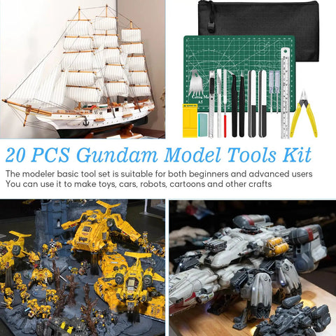 Collage of Pro Grade 20Pcs Gunpla Model Tools Kit For Easy Assembly And Repair with models and toolset close-up