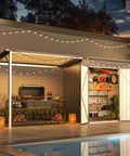 2 In 1 Outdoor Storage Shed And Gazebo Combo With Lean To And Pergola beside pool, metal frame, evening lights, tools stored inside