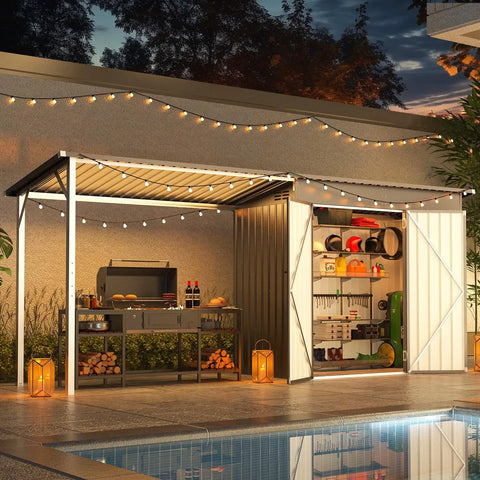 2 In 1 Outdoor Storage Shed And Gazebo Combo With Lean To And Pergola beside pool, metal frame, evening lights, tools stored inside