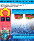 Red electric hoist remote control pendant with STOP button and UP/DOWN switches; two hoist units in background