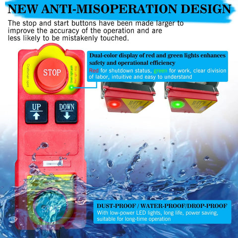 Red electric hoist remote control pendant with STOP button and UP/DOWN switches; two hoist units in background