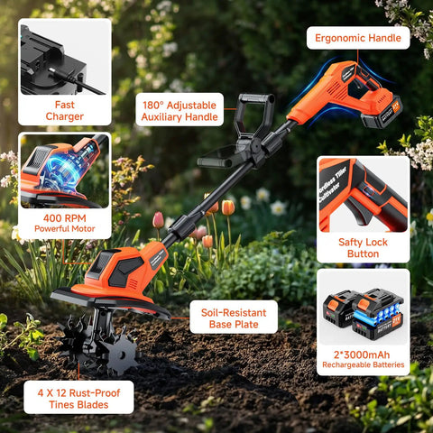 Cordless Garden Tiller Cultivator With 21V Battery Lightweight Rototiller for Easy Weeding, detailed features displayed outdoors