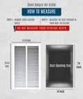 Diagram showing how to measure duct opening for Heavy Duty White Steel Return Air Grille for 14x24 duct opening vent cover.
