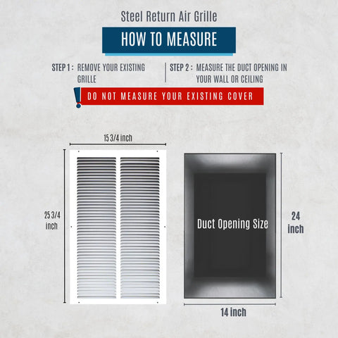 Diagram showing how to measure duct opening for Heavy Duty White Steel Return Air Grille for 14x24 duct opening vent cover.