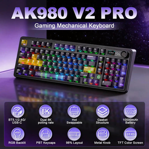Locked In Wireless Gaming Keyboard With Smart Tft Display And Rotating Volume Knobs Precise Fingertip Tweaks For Epic Desktop Setup And Late Night Grinding Purple Lychee Mechanical Switches with RGB lights.
