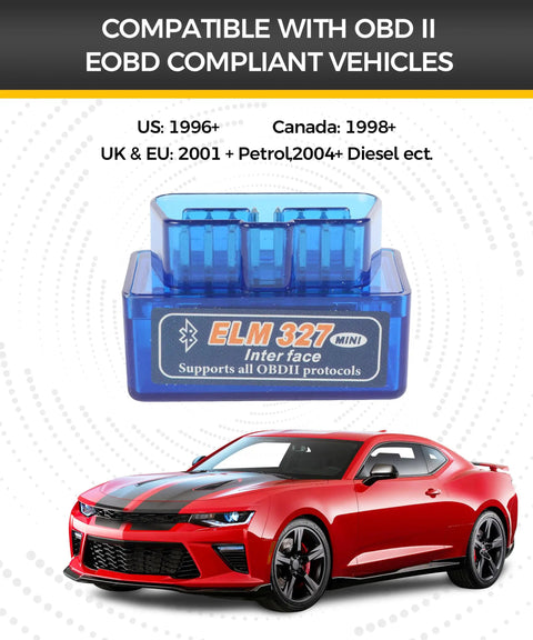 Bluetooth OBD2 Scanner Car Code Reader Diagnostic Tool For Android Symbian Windows with red sports car and device close-up.