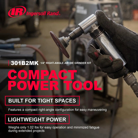 Compact Quarter Inch Collet Air Die Grinder Kit With Squared Off Right Angle Frame and Punchy 21000 Rpm Torque Setup in hand for tight spaces.