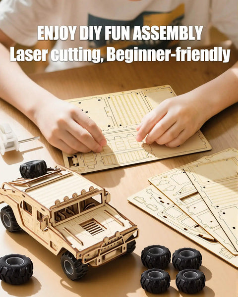 Off Road 3D Wooden Puzzle Car Kit For Adults, Easy To Build SUV Model With 65 Pre Cut Pieces, DIY Wood Toy For Builders, Realistic Detail And Fun Challenge on table