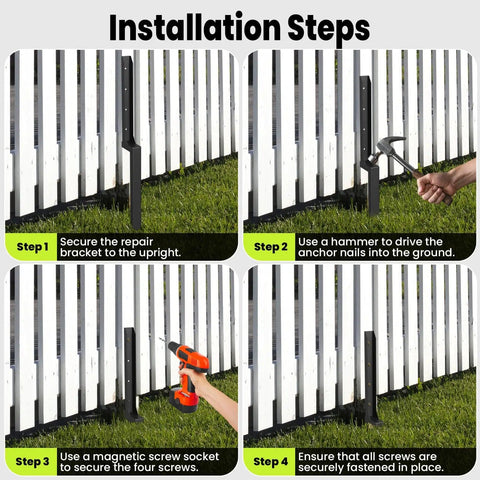 Installation steps showing use of 2 Pack Heavy Duty Fence Post Repair Kit For 4x4 And 6x6 Wood Or Metal Posts with tools and anchor.