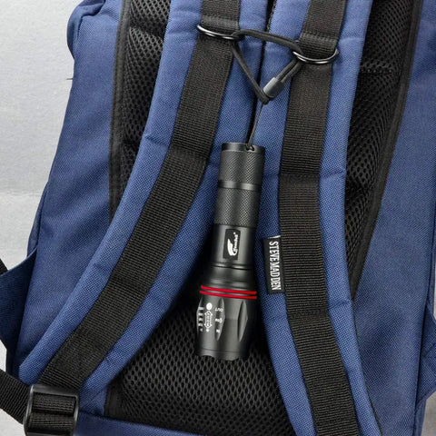 Two Pack 2000 Lumen Tactical Flashlights Heavy Duty Aluminum Zoomable Beam 5 Modes Waterproof clipped on blue backpack