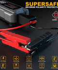 Red and black jumper cable clamps for a 6000A Auto Battery Booster with reverse polarity protection.