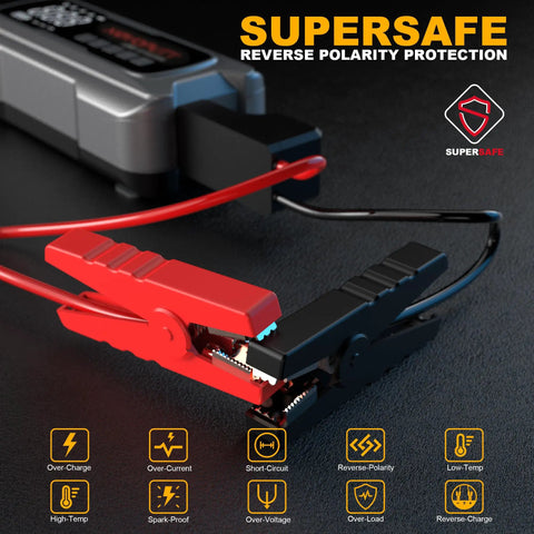 Red and black jumper cable clamps for a 6000A Auto Battery Booster with reverse polarity protection.