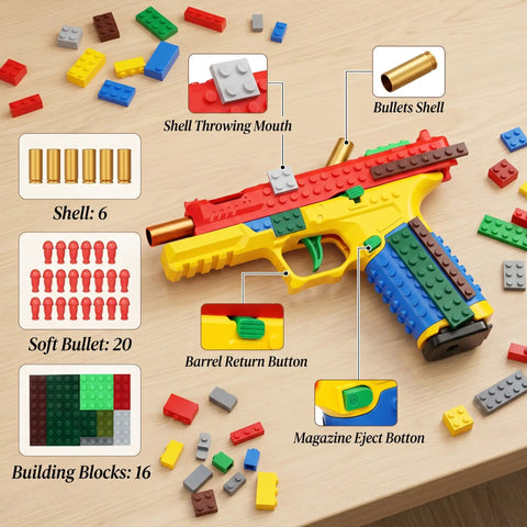Foam Blaster Building Kit For Kids And Teens Diy Assembly Set with tactical handle, soft darts, and display stand details shown.
