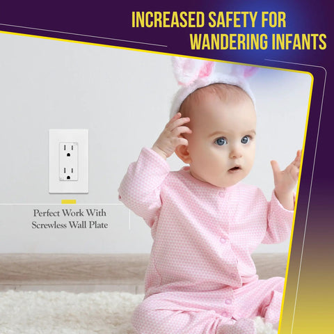 Decorator Receptacle Outlet With Wall Plate Tamper Resistant 15A 125V 3-Wire Self Grounding UL Listed White next to baby