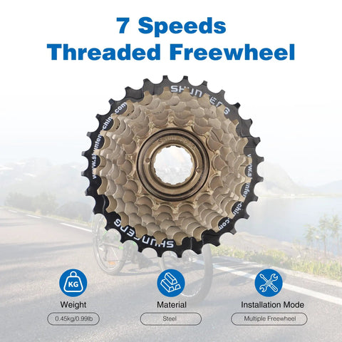 7 Speed Threaded Freewheel 14T 16T 18T 20T 22T 24T 28T Screw On For MTB And Cruiser Bikes, Steel Gear Set on scenic background