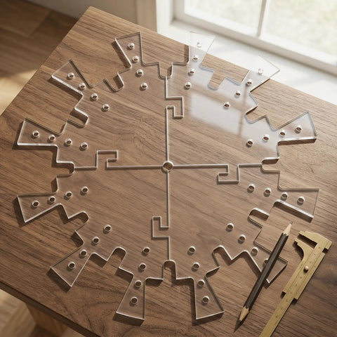 Transparent Acrylic Clock Template Set For Woodworking Router Projects And DIY Wall Dial Stencils on wooden table.