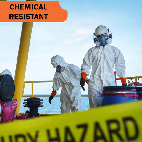 Workers in protective suits wearing Heavy Duty Chemical Gloves Set Of 2 Pairs With Waterproof Latex Anti Slip Grip, on industrial site.