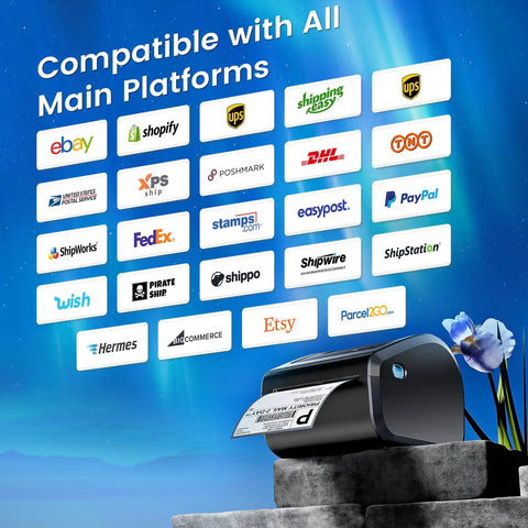 Compact Bluetooth 4x6 Thermal Shipping Label Printer D450BT for Small Business displayed with compatible platforms logos.