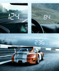 Windshield Speed Projector Heads Up Display For Tesla Cybertruck With Auto Brightness showing speed data on a road.