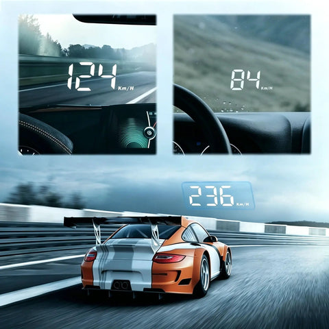 Windshield Speed Projector Heads Up Display For Tesla Cybertruck With Auto Brightness showing speed data on a road.